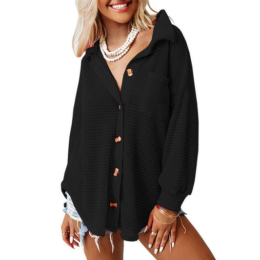 Women's Waffle Casual Shirt Solid Color Long Blouses