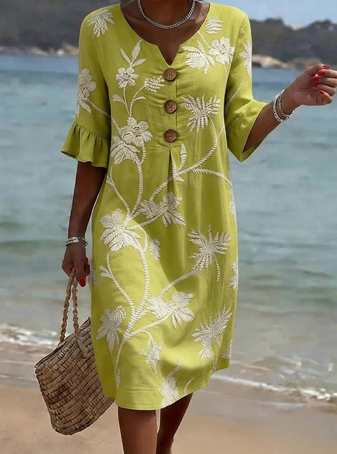 Women's Fashion Wear Buttons Floral Print Casual Cotton Dress