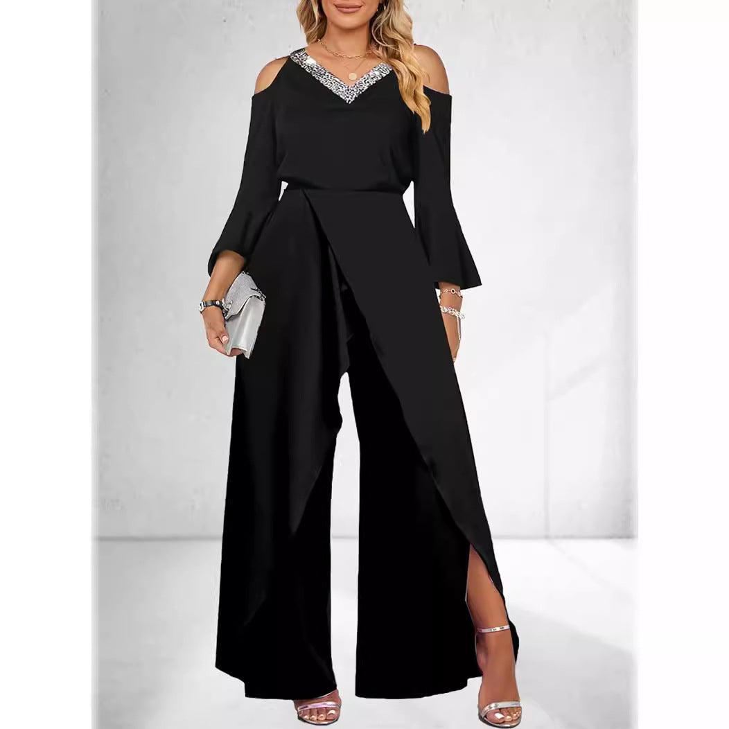Women's Split Sequined Solid Color Collar Basic Business Elegant Wide Leg Fashion Casual Suit