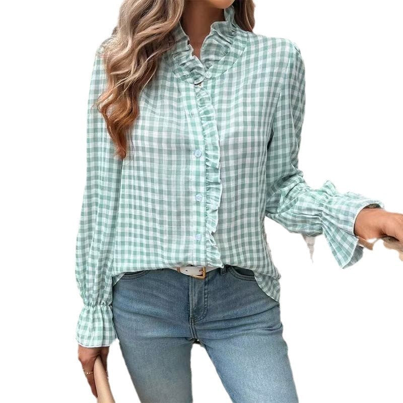 Women's Style Plaid Shirt With Wooden Ears Blouses