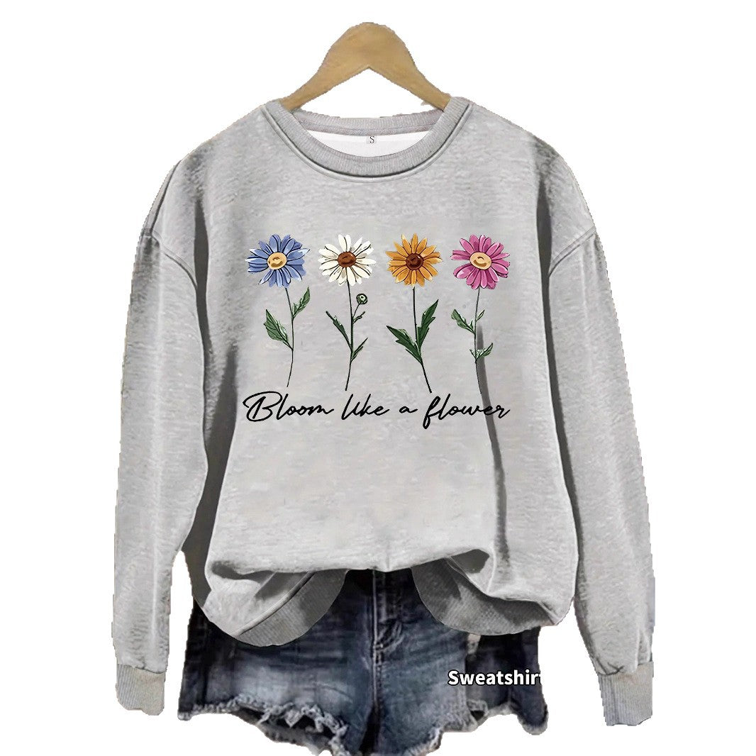 Women's Floral Graphic Print Crew Neck Casual Long Women's Sweater, Sweater