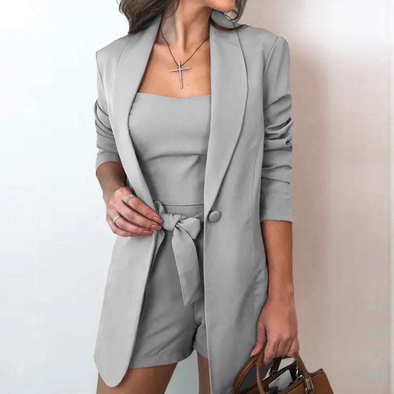 Women's Solid Color Temperament High Waist Three-piece Jackets
