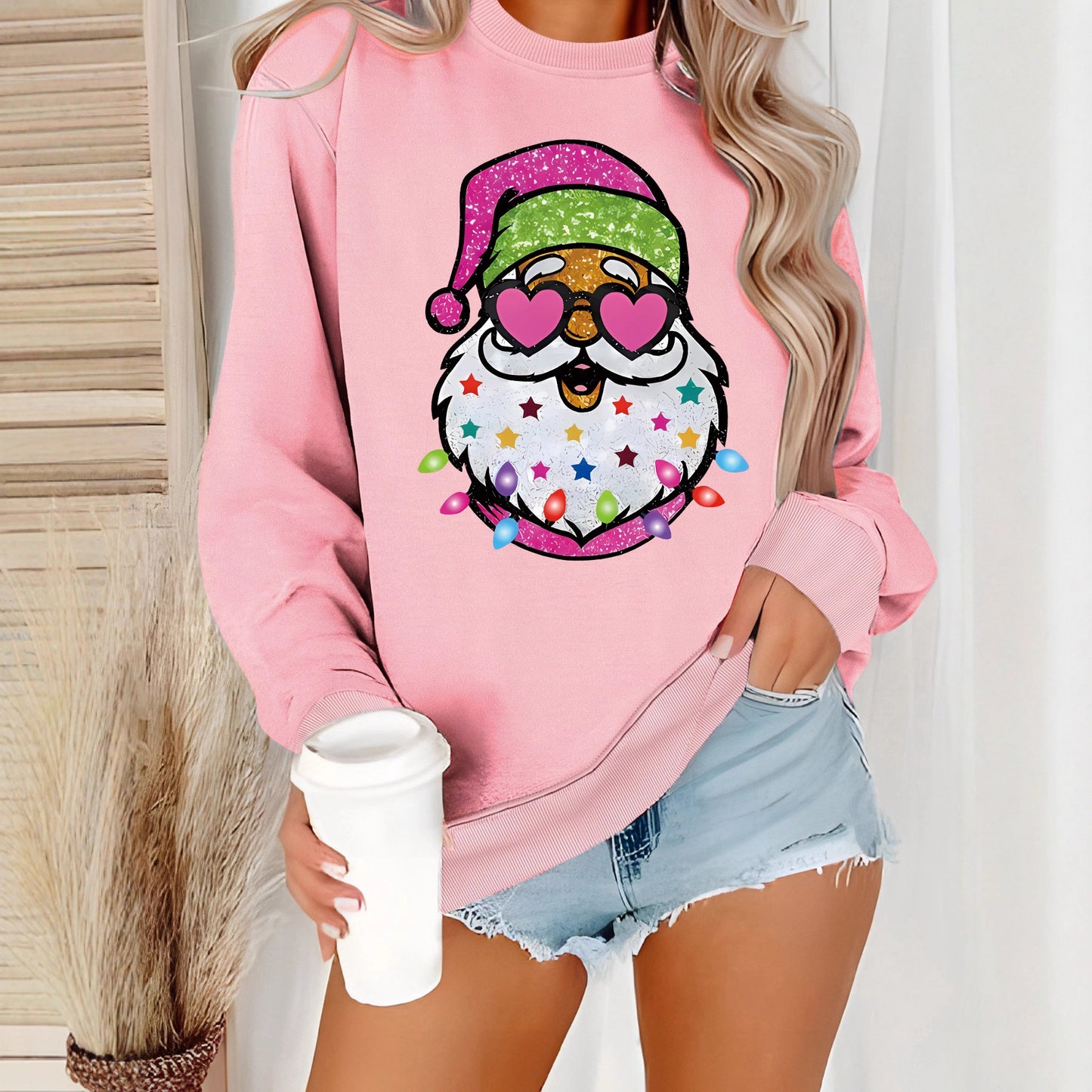 Women's Claus Graphic Print Crew Neck Casual Long Women's Sweater, Sweater