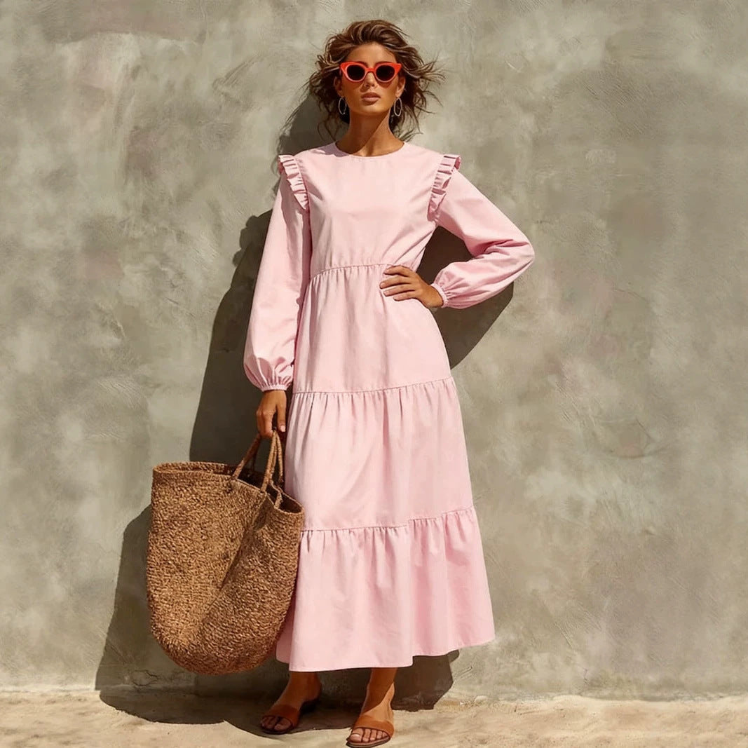 Neck Casual Loose Long Sleeve Solid Dress