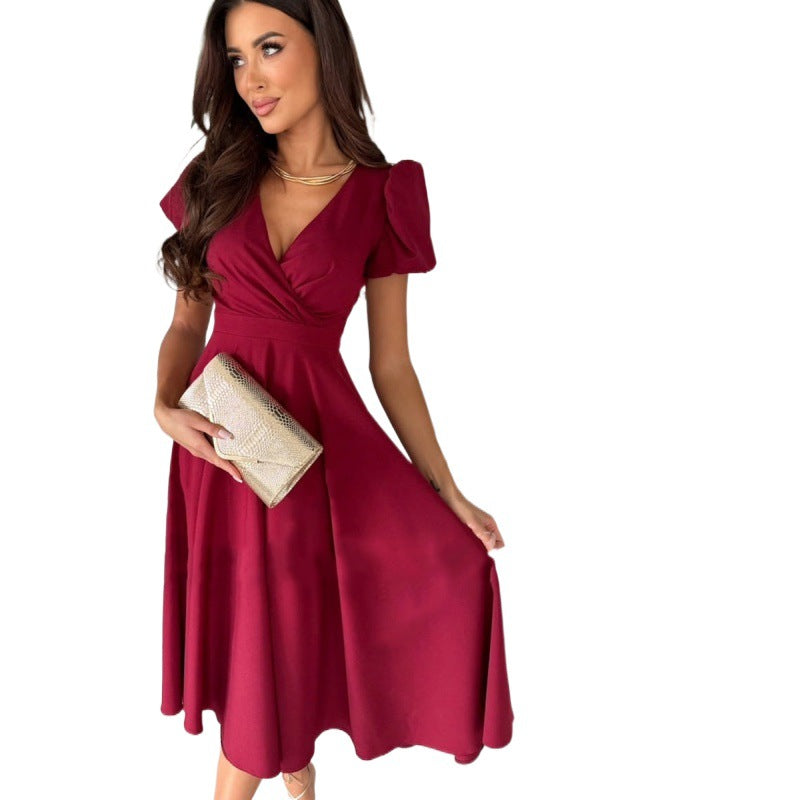 Commuter Solid Color Puff Sleeve Large Dress