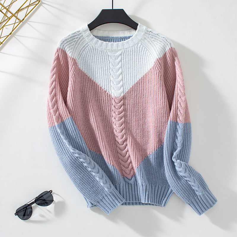 Women's Contrast Color Twisted Retro Loose Pullover Sweater