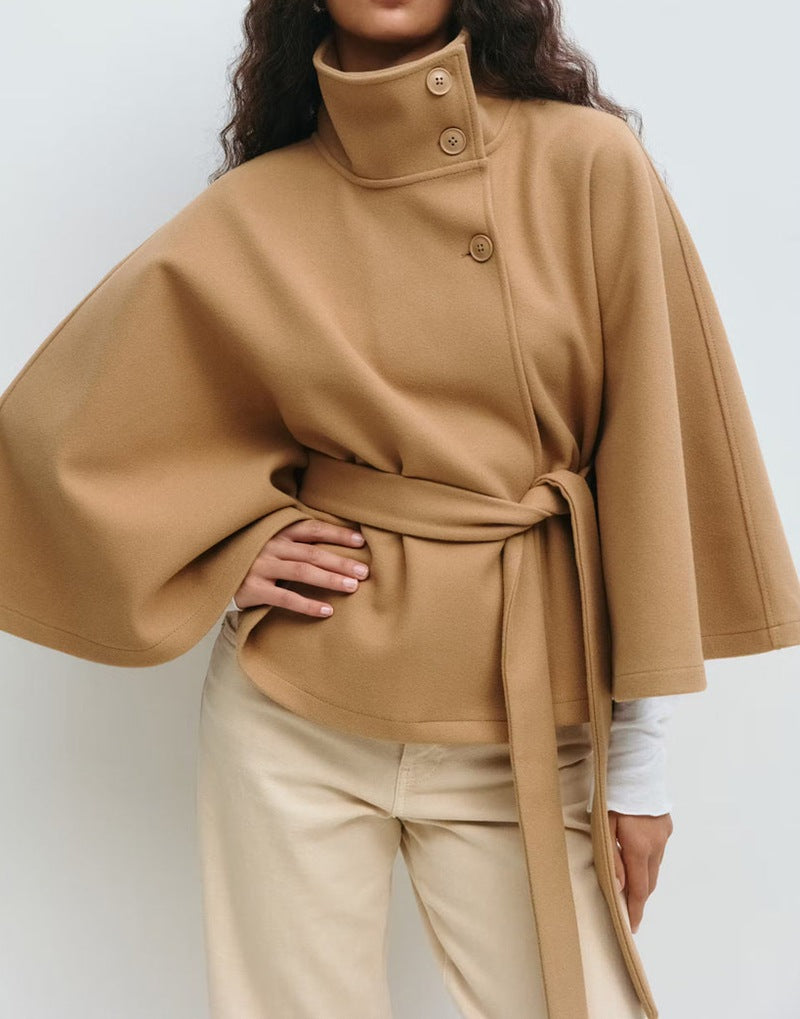 Women's Solid Color Cloak Stand Collar Button Coats