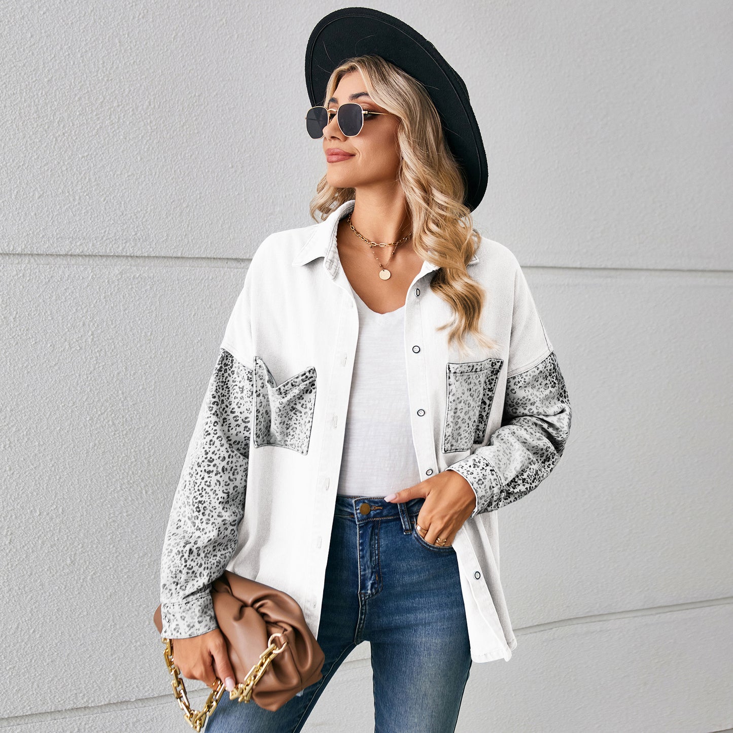 Loose Leopard Print Stitching Denim Shirt Long Blouses