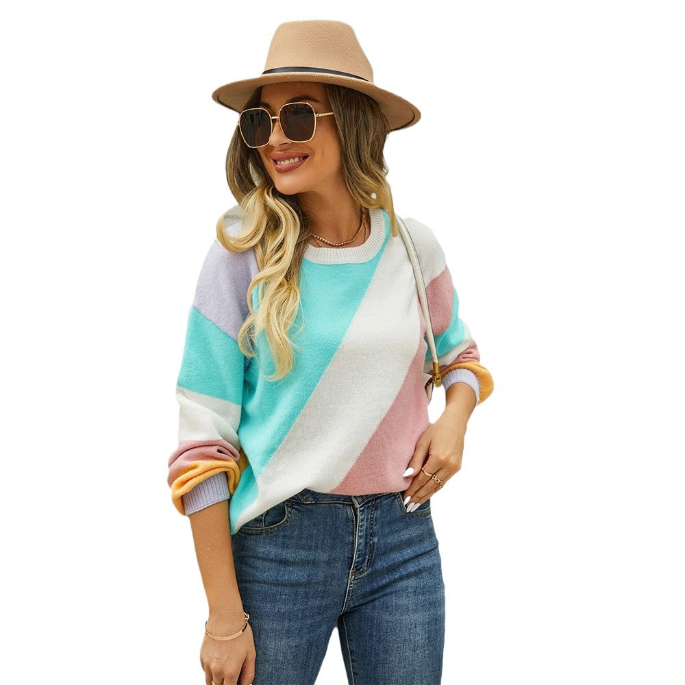 Women's Spring Striped Stitching Fashion Round Neck Sweaters