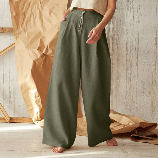 Women's High Waist Casual Button Cotton Linen Pants