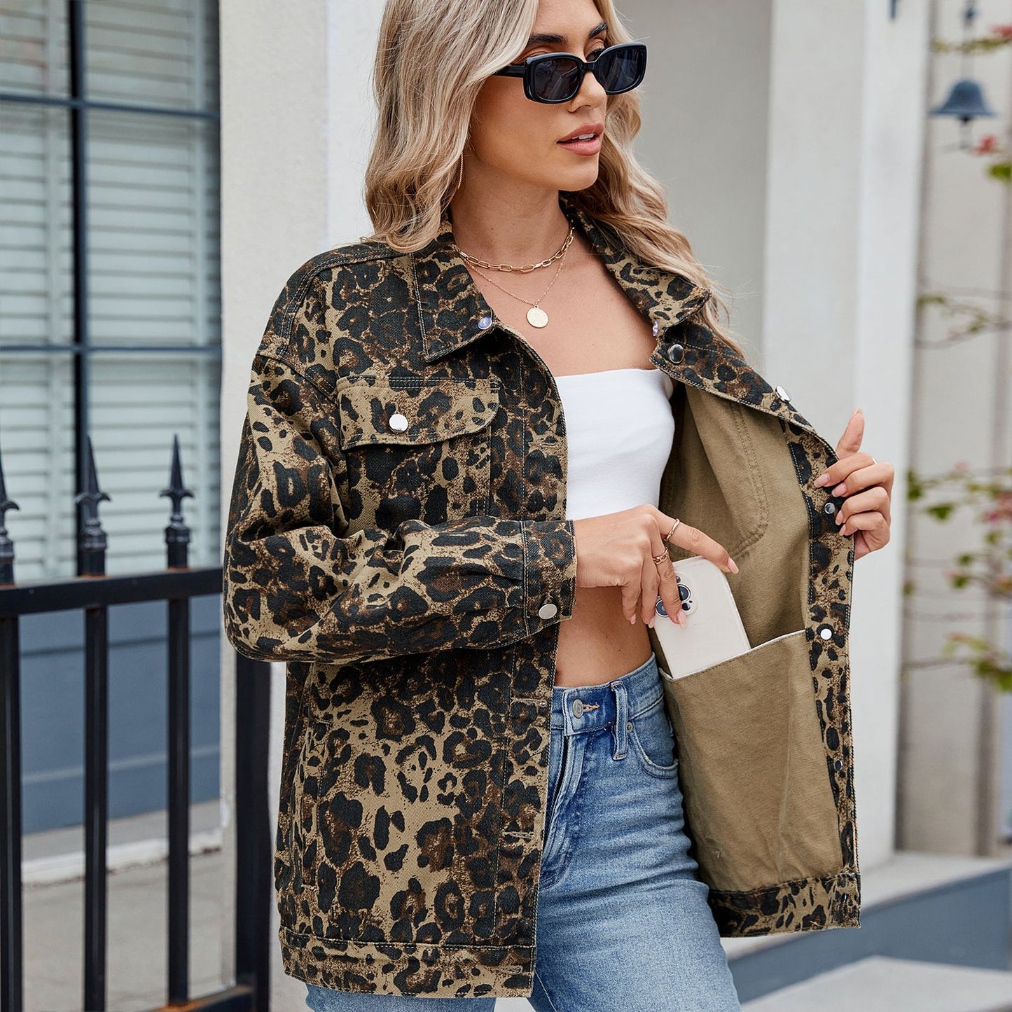 Women's Washed Fashion Leopard Print Denim Jackets
