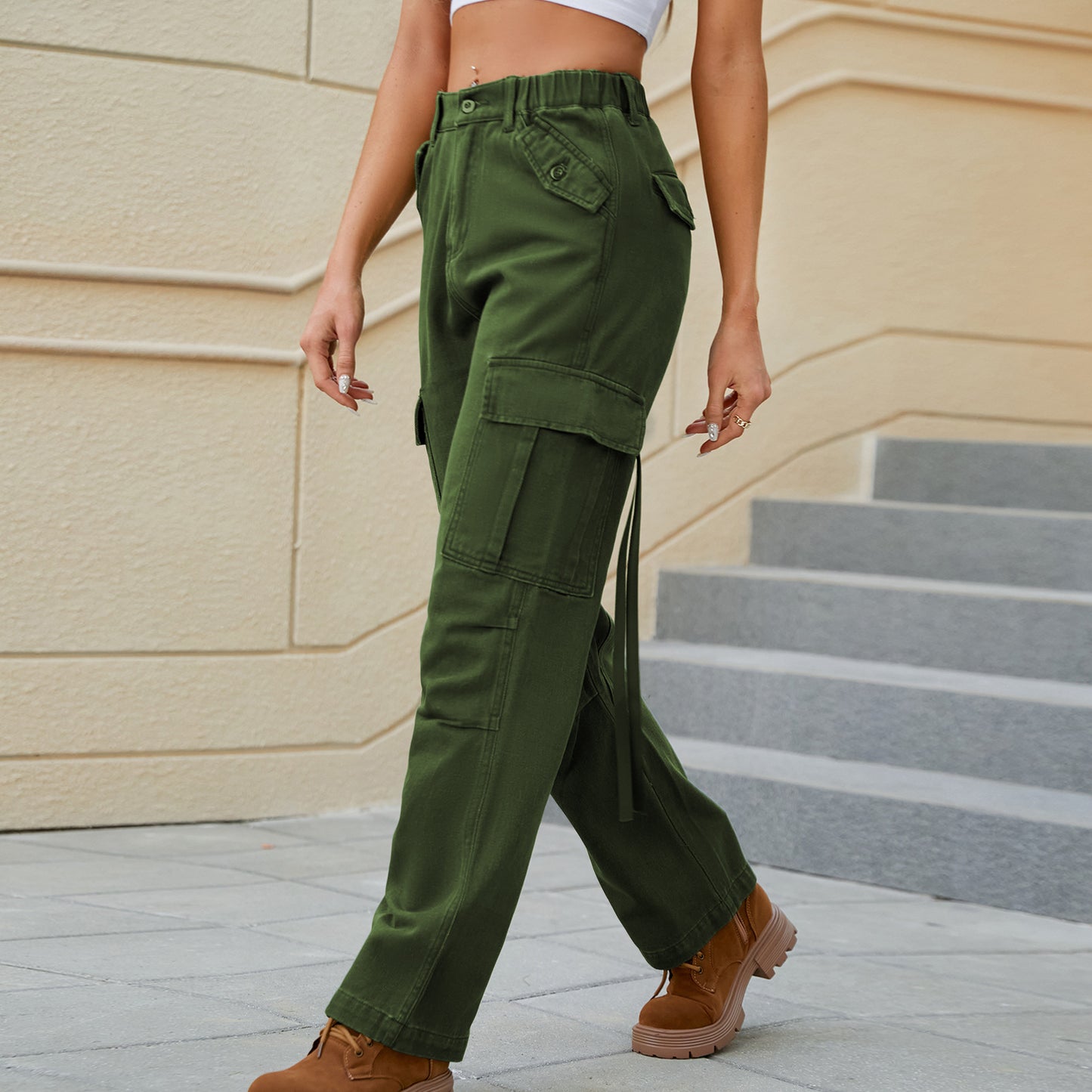 Women's Washed Cargo Ribbon Casual Trousers Jeans