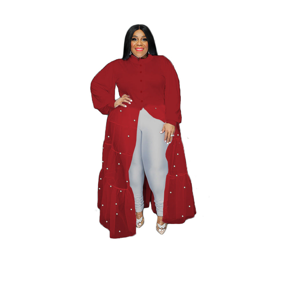 Women's Pearl Mesh Stitching Dress Featured Large Dresses