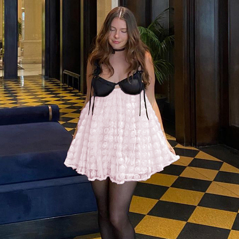 Women's Knitted Stitching Lace Strap Dress Summer Dresses