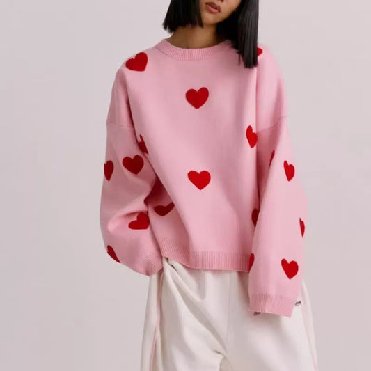 Innovative Classic Heart Jacquard Round Neck Sweaters