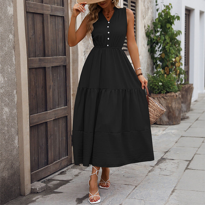 Women's A- Line Solid Color Sleeveless Stand Dresses
