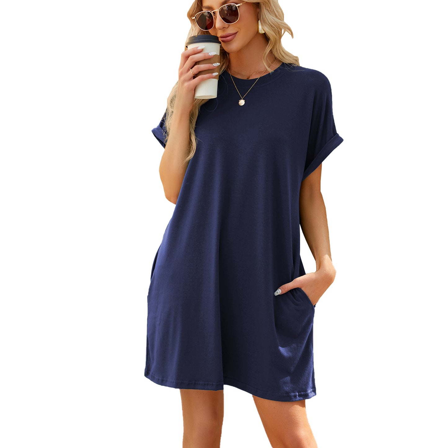 Solid Color Round Neck Pocket Loose Shorts