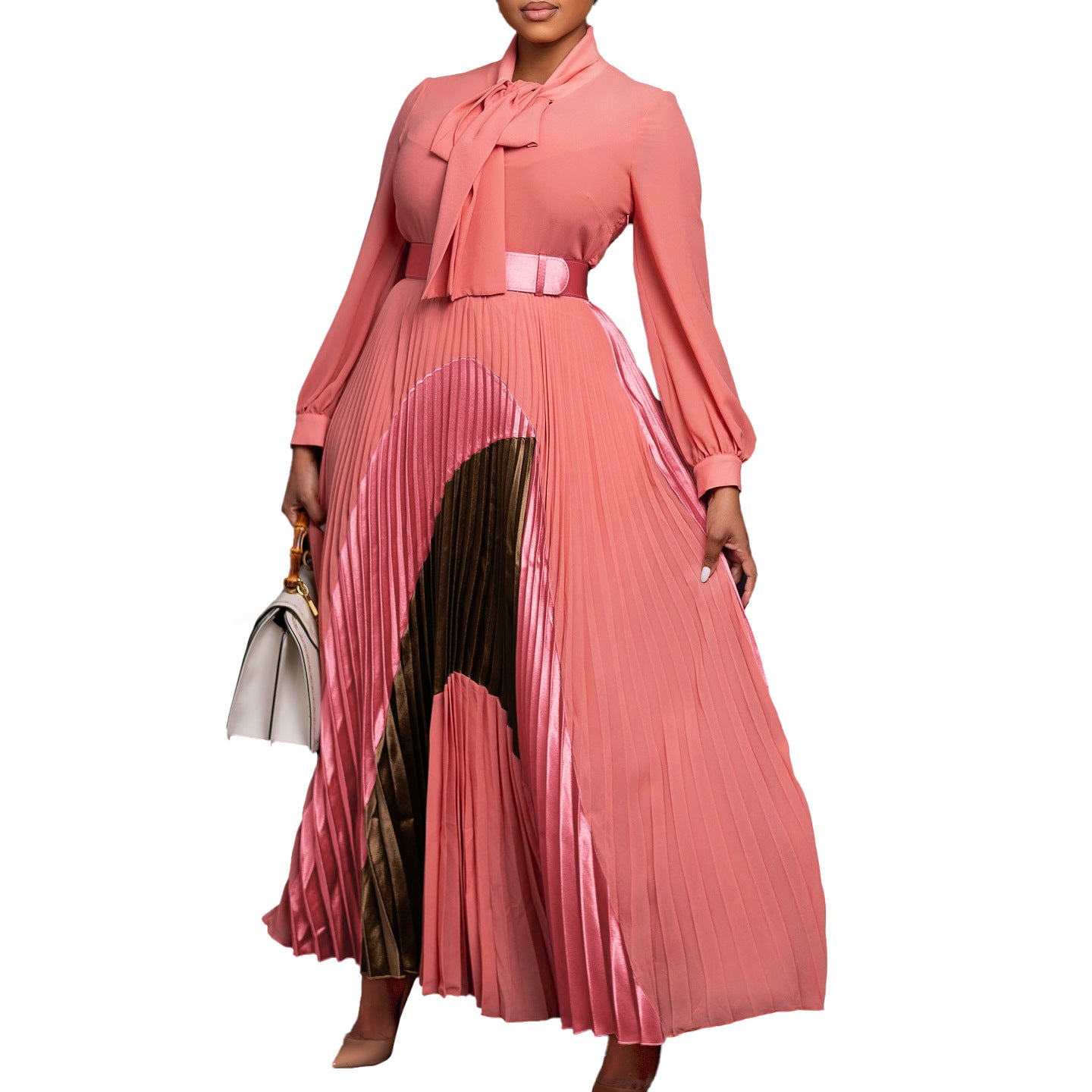 Women's Pleated Long Sleeve Color Matching Elegant Dresses