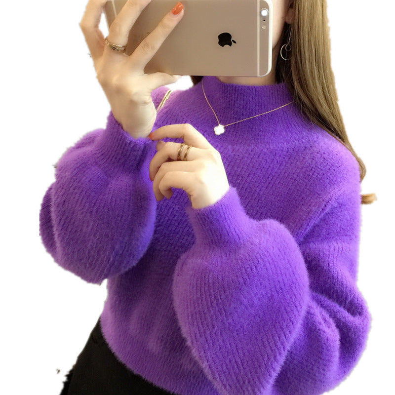 Women's Lantern Sleeve Loose Outer Wear Half Turtleneck Base Knitting Korean Sweaters