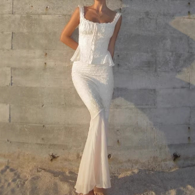 Women's Summer Temperament Square Collar Lace High Waist Slim Blouses