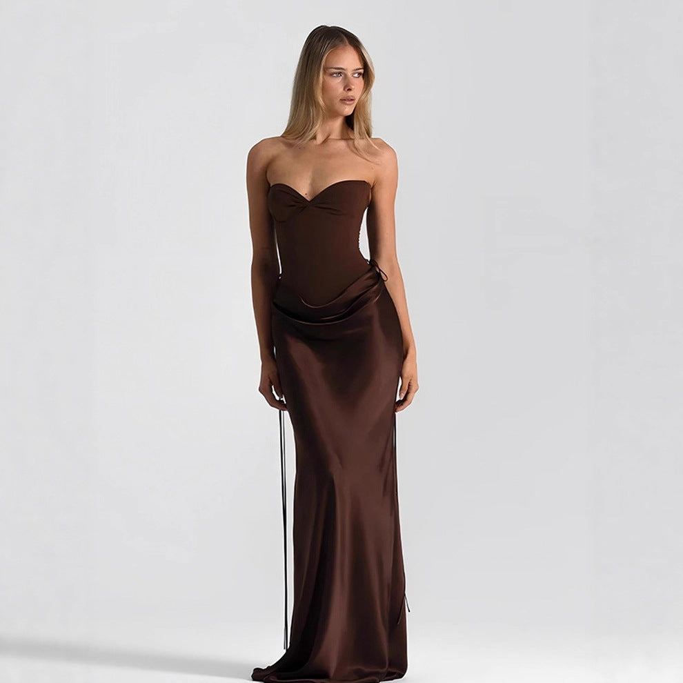 Women's Solid Color Fishbone Waist Slim Drape Ribbon Dress