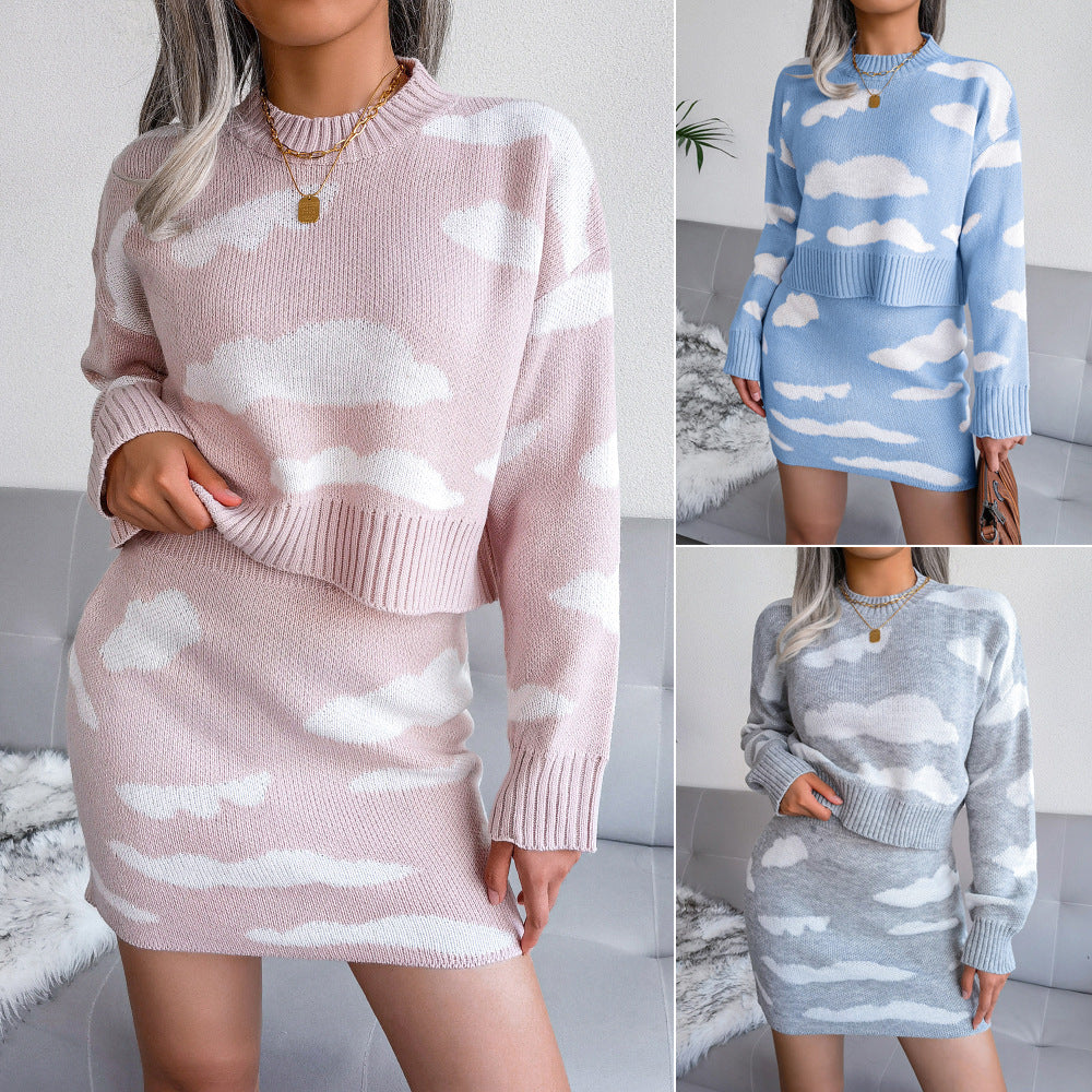 Women's Wind White Cloud Knitted Sheath Dress
