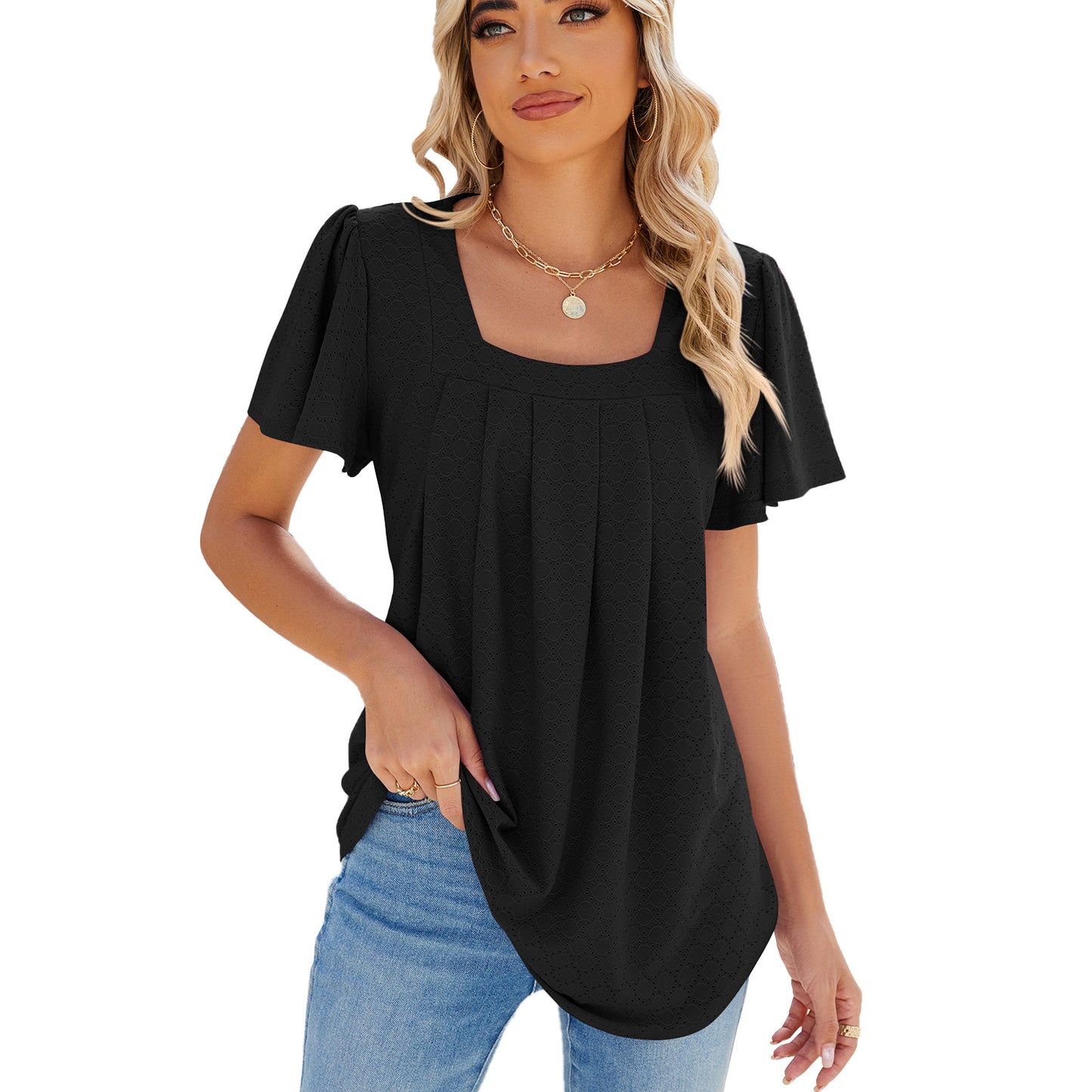 Women's Solid Color Square Collar Pleated Sleeves Blouses
