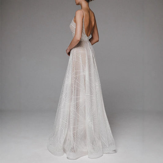 Women's Long Dress Sexy Strap Embroidered Sleeveless Wedding Dresses
