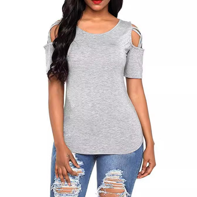 Women's Summer T-shirt Solid Color Leisure Ripped Shoulder Women's Sweater