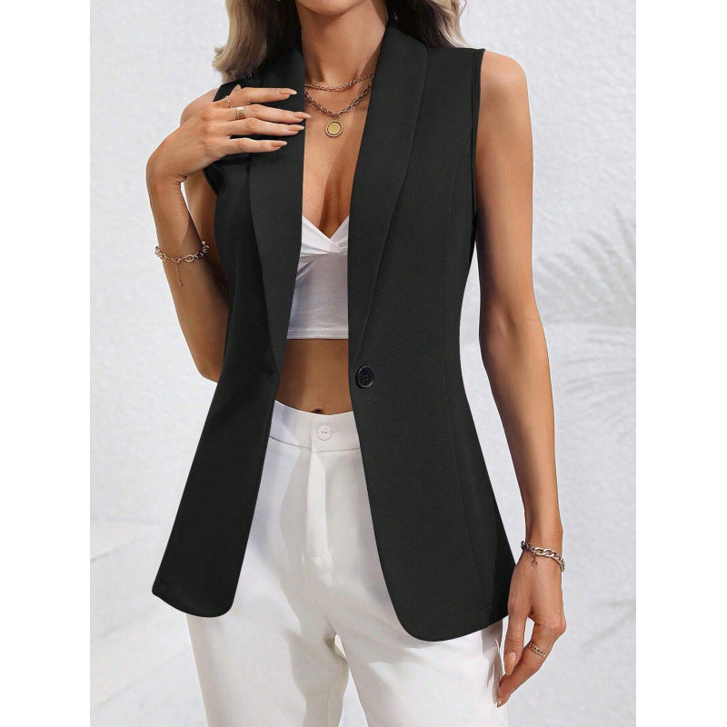 Women's Solid Color Single Button Sleeveless Crew Coats