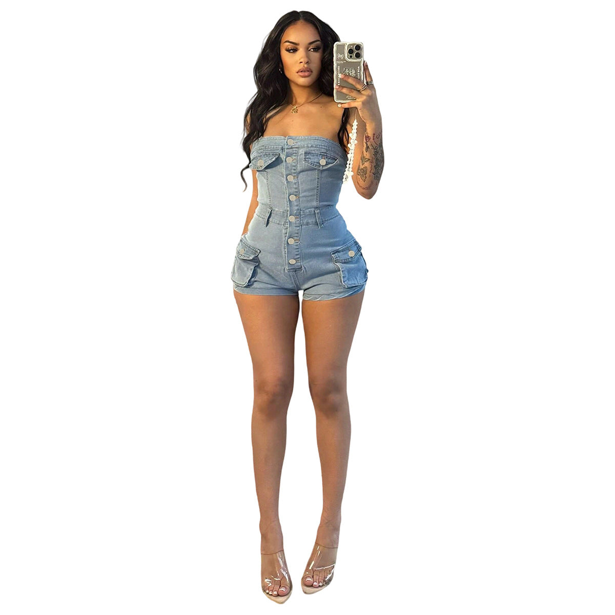 Women's Glamorous Summer Tube Stretch Denim Suits