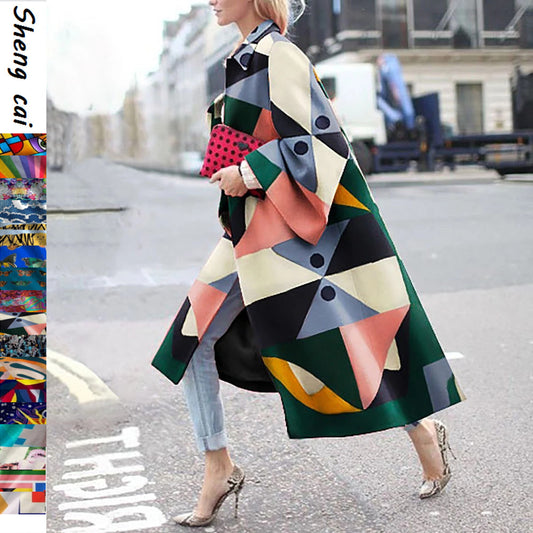 Women's Long Flared Sleeves Printed Loose Trench Coats