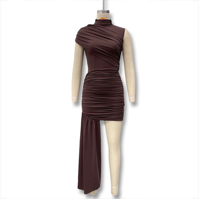 Women's Autumn Fashionable Pleated Irregular Ribbon Sheath Sleeveless Dress