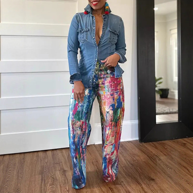 Fashion Casual Straight Painted Elastic Denim Jeans