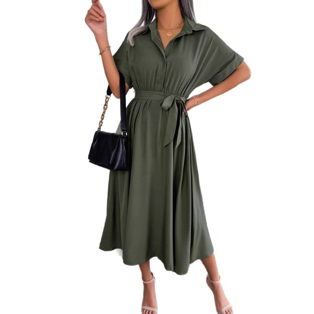 Women's Wind Casual Loose Pure Color Tied Shirt Dress