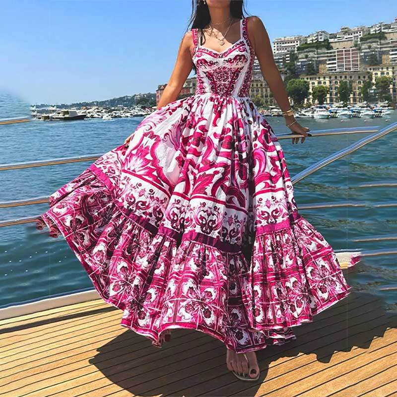 Women's Summer Printed Sleeveless Pleated Waist Tight Mid-length Sling Dress