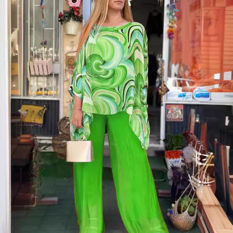 Women's Summer Colorful Chiffon Casual Round Neck Suits