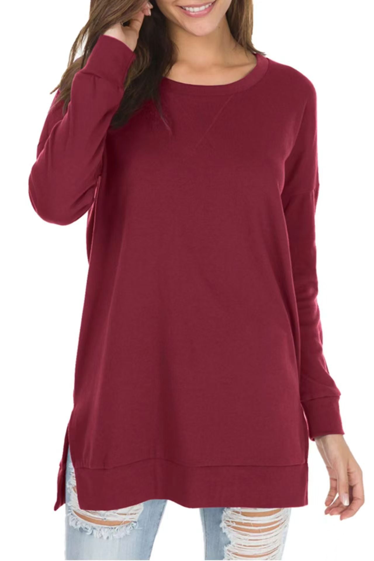 Women's Popular Slit Loose Round Neck Long Blouses