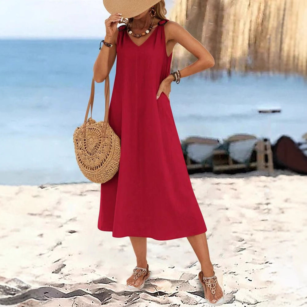 Women's Summer Elegant Style Solid Color Ring Buckle Dress