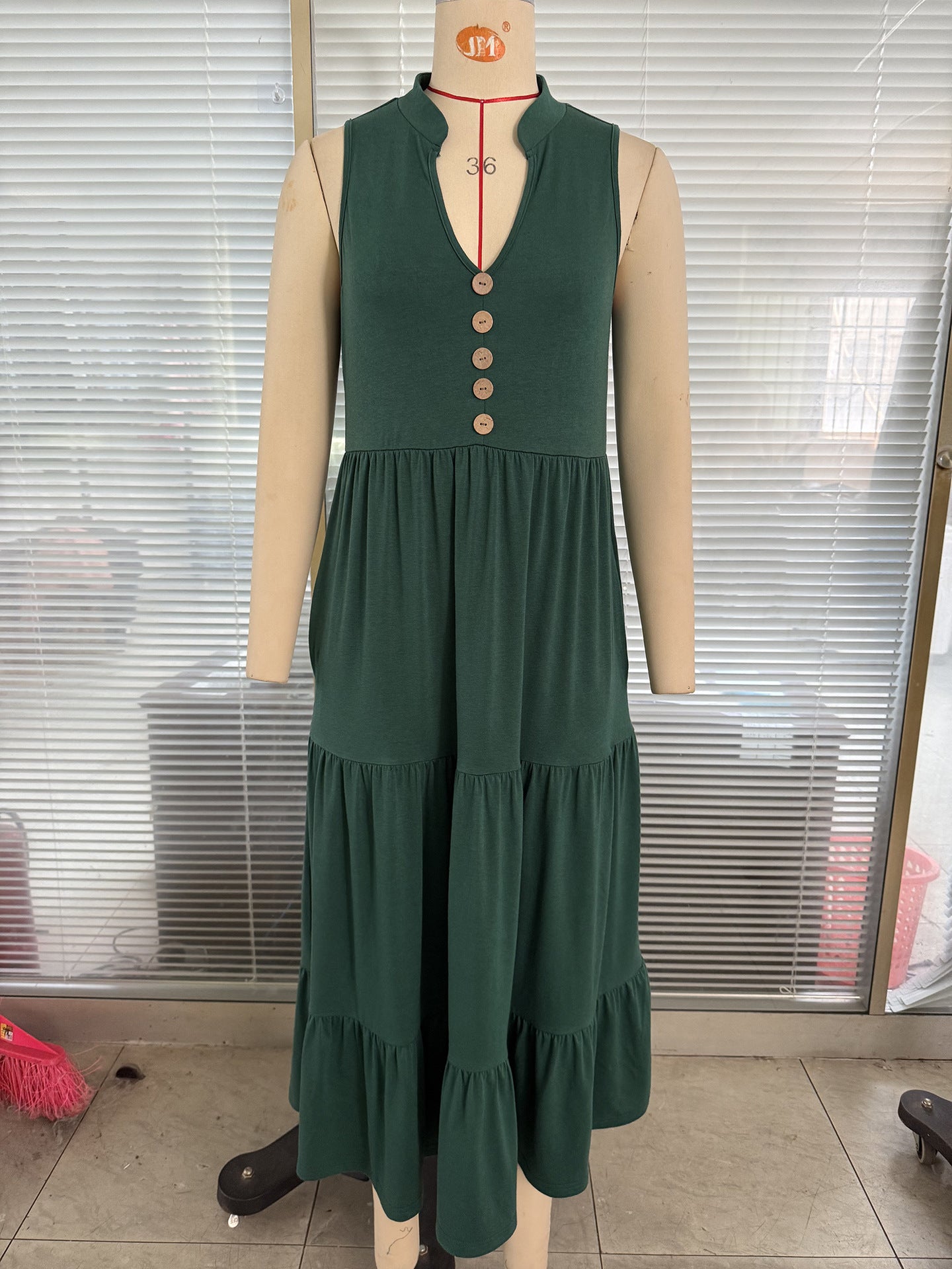 Solid Color Button Sleeveless Long Pleated Dress