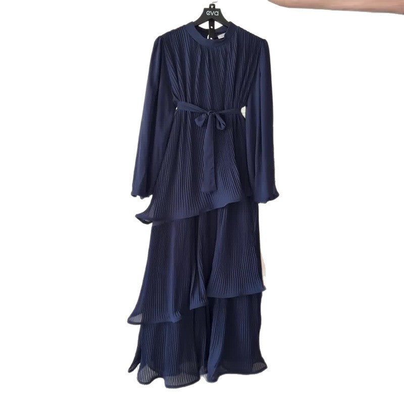 Women's Round Neck Long Sleeve Ruffled Strap Dresses