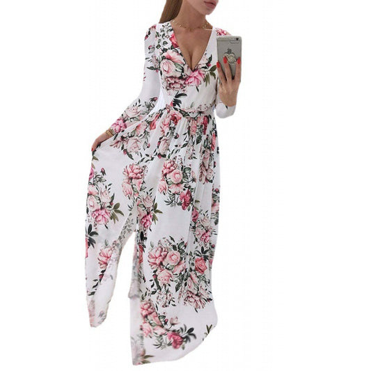 Women's Summer Long Sleeve Chiffon Printed Bohemian Dresses