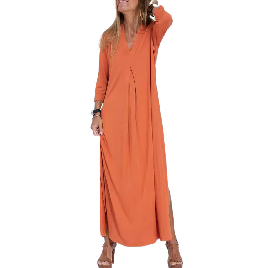 Solid Color Three-quarter Sleeve Knitted Long Dress