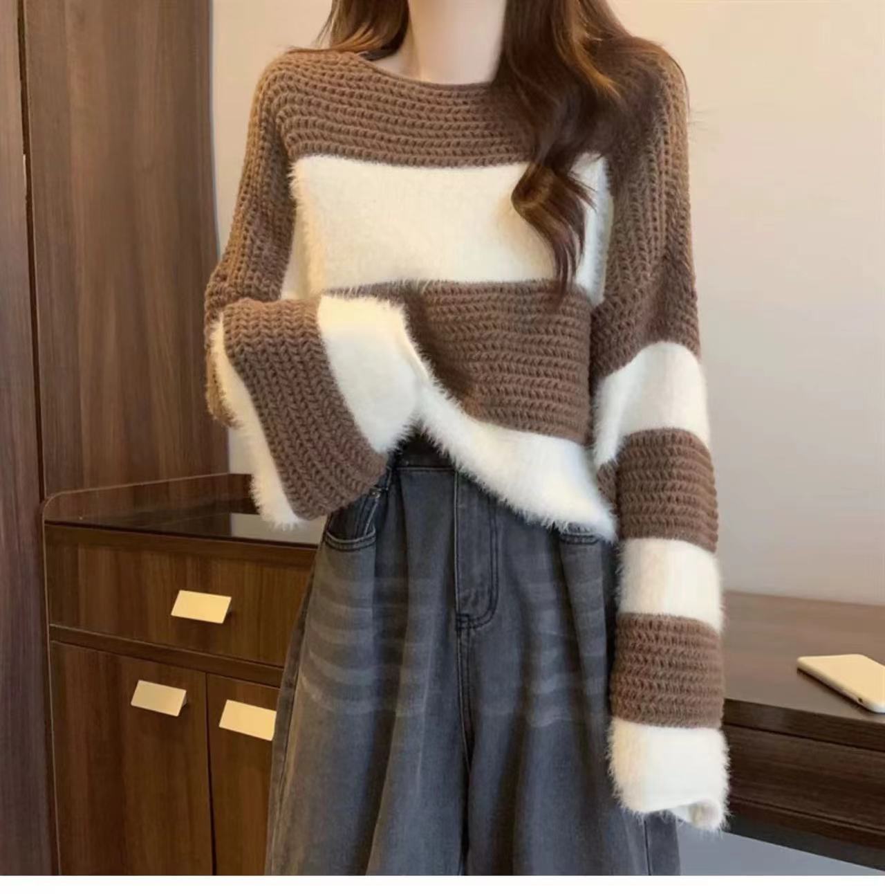 Women's Retro Loose Milk Lazy Striped Long Sleeve Tops