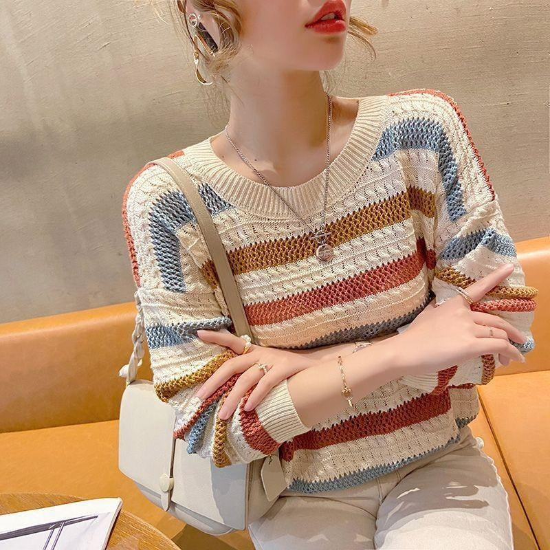 Women's Contrast Color Bat Sleeve Shirt Rainbow Bar Long Hollow Out Sweaters