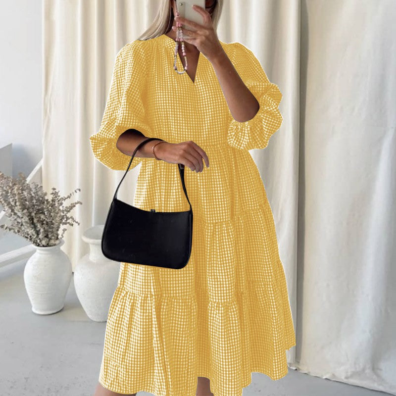 Women's Autumn Long Sleeve Plaid Stand Collar Dress