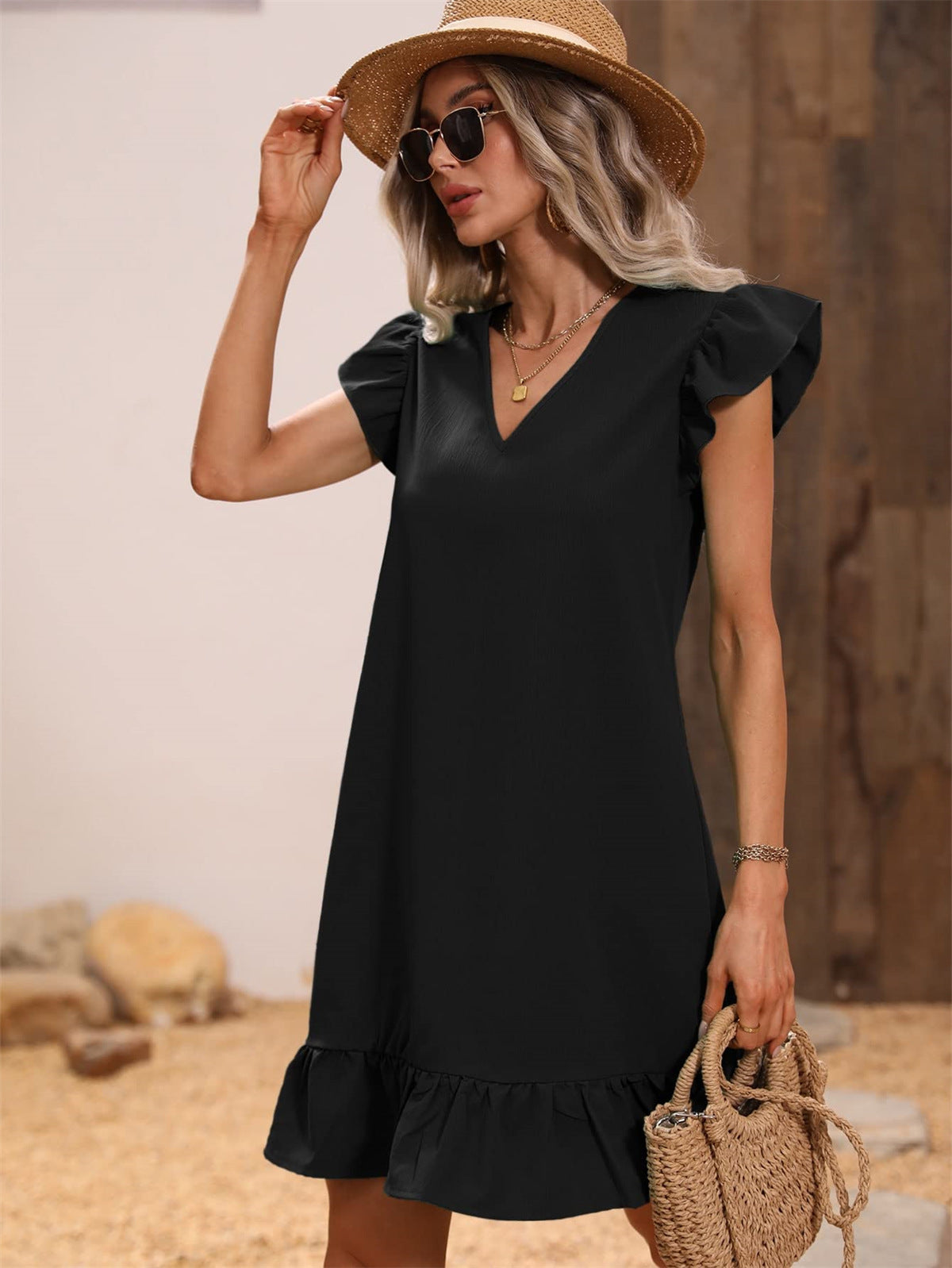 Women's Collar Ruffle Sleeve Loose Waist Dress Dresses