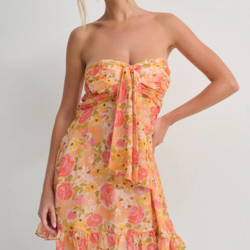 French Style Printed Translucent Floral Strapless Skirts