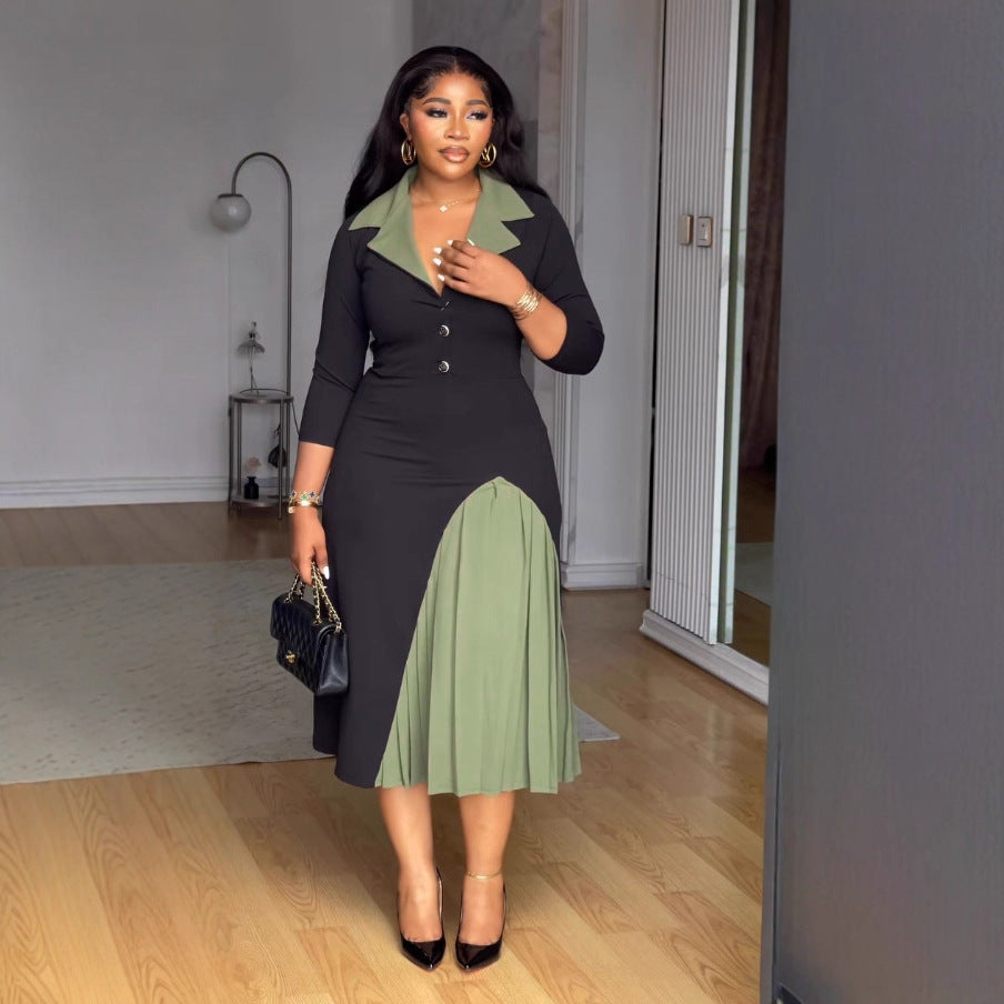 Elegant Commuter Lapel Waist Tight Elastic Dresses