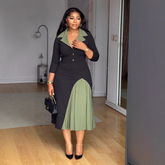 Elegant Commuter Lapel Waist Tight Elastic Dresses